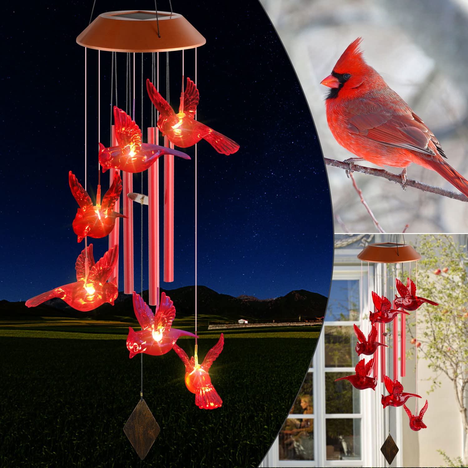 Cardinal Wind Chime, Solar Sound Windchime, Wind-Chime Outdoor, Garden Decor, Yard Decor, Gifts for Women, Mom Gifts, Gardengifts, Grandma Gift