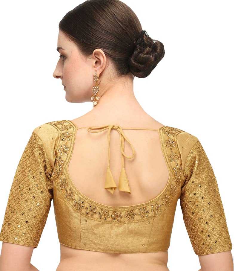 Pujia Mills Womens Embroidery Handwork Sequence Work Necklace Design Readymade Blouse (Gold  32)