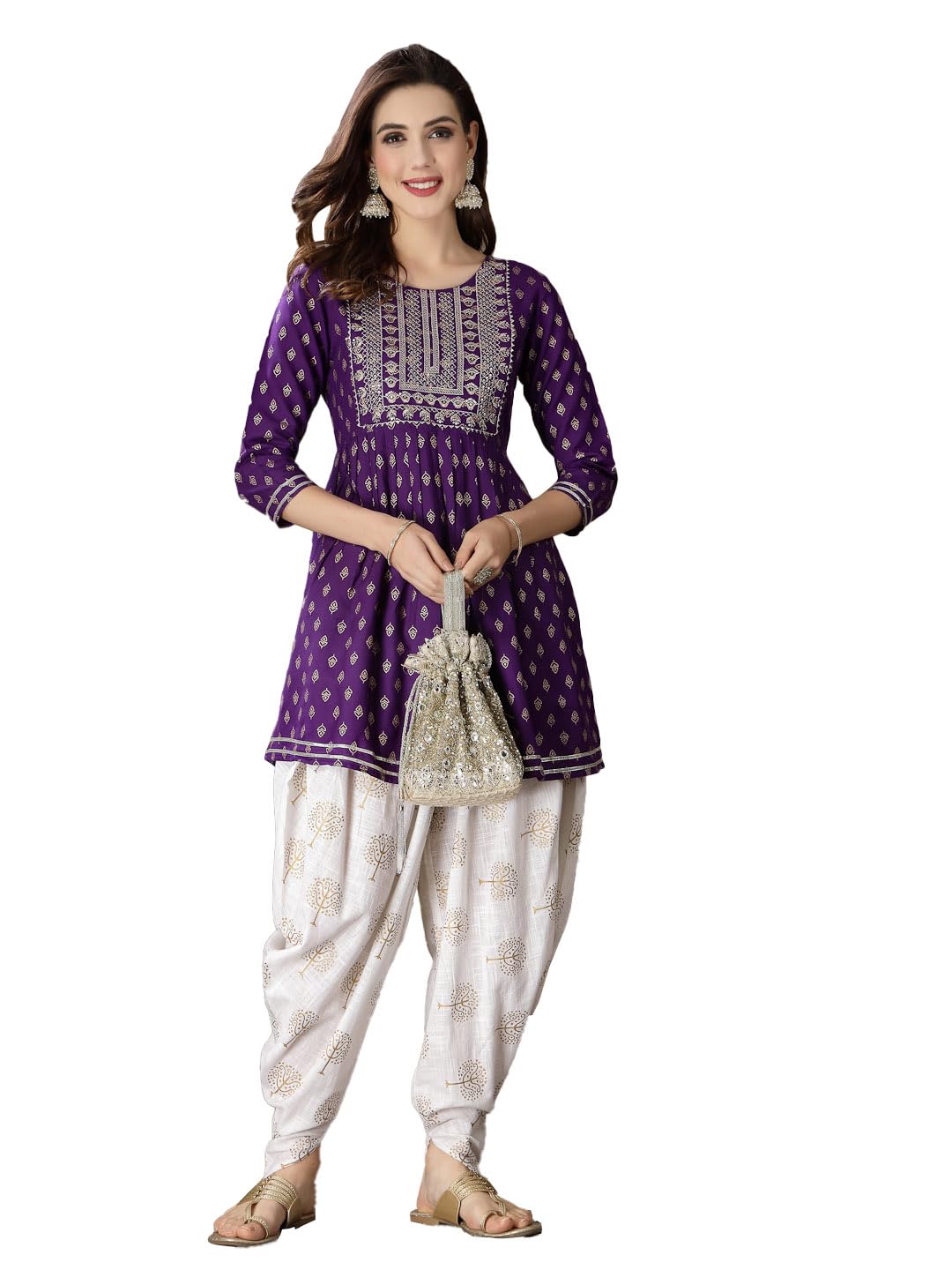 Stylum WomenS Printed & Embroidered Rayon Kurti With Dhoti Pant (Kdvoilmahi42_Violet  Xl)