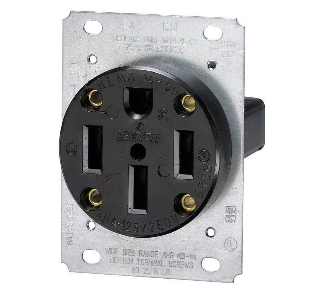 Leviton 279-S00 50 Amp, 125/250V, Nema 14-50R, 3P, 4W, Flush Mounting Receptacle, Straight Blade, Industrial Grade, Grounding, Side Wired, Steel Strap, Black Condition-New