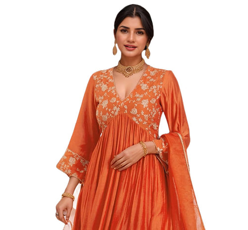 ANNI DESIGNER Womens Rayon Viscose Anarkali Embroidered Kurta with Pant & Dupatta (KANAKAM ORANGE-VKS02_S_Orange_Small)