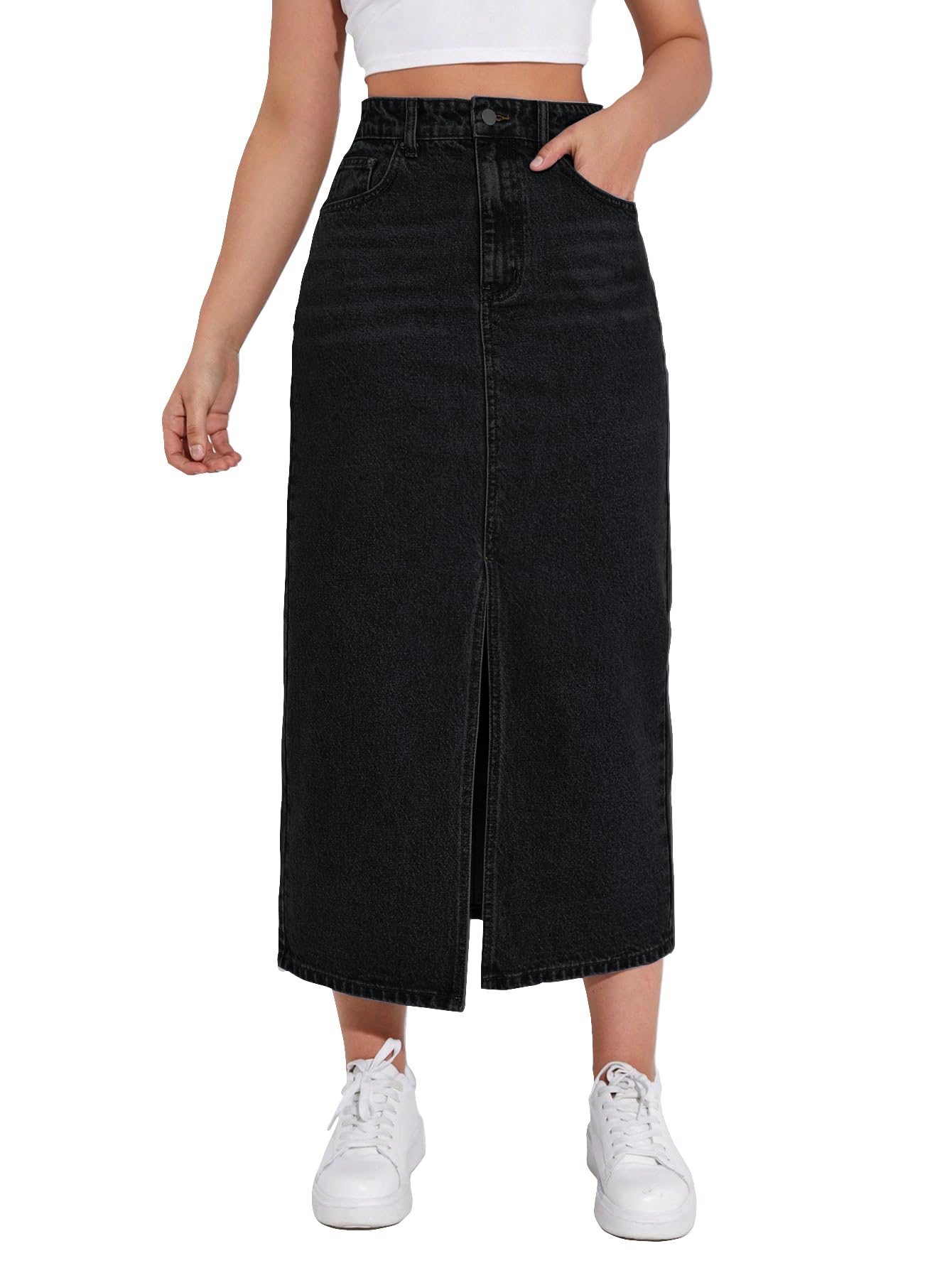 Shasmi Womens Spring/Summer Casual Front Split Thigh Straight Denim Skirt ll Denim Skirt for Women Long ll Skirt & top for Women ll Skirts for Women Long Length (Skirt 159 Black-M)