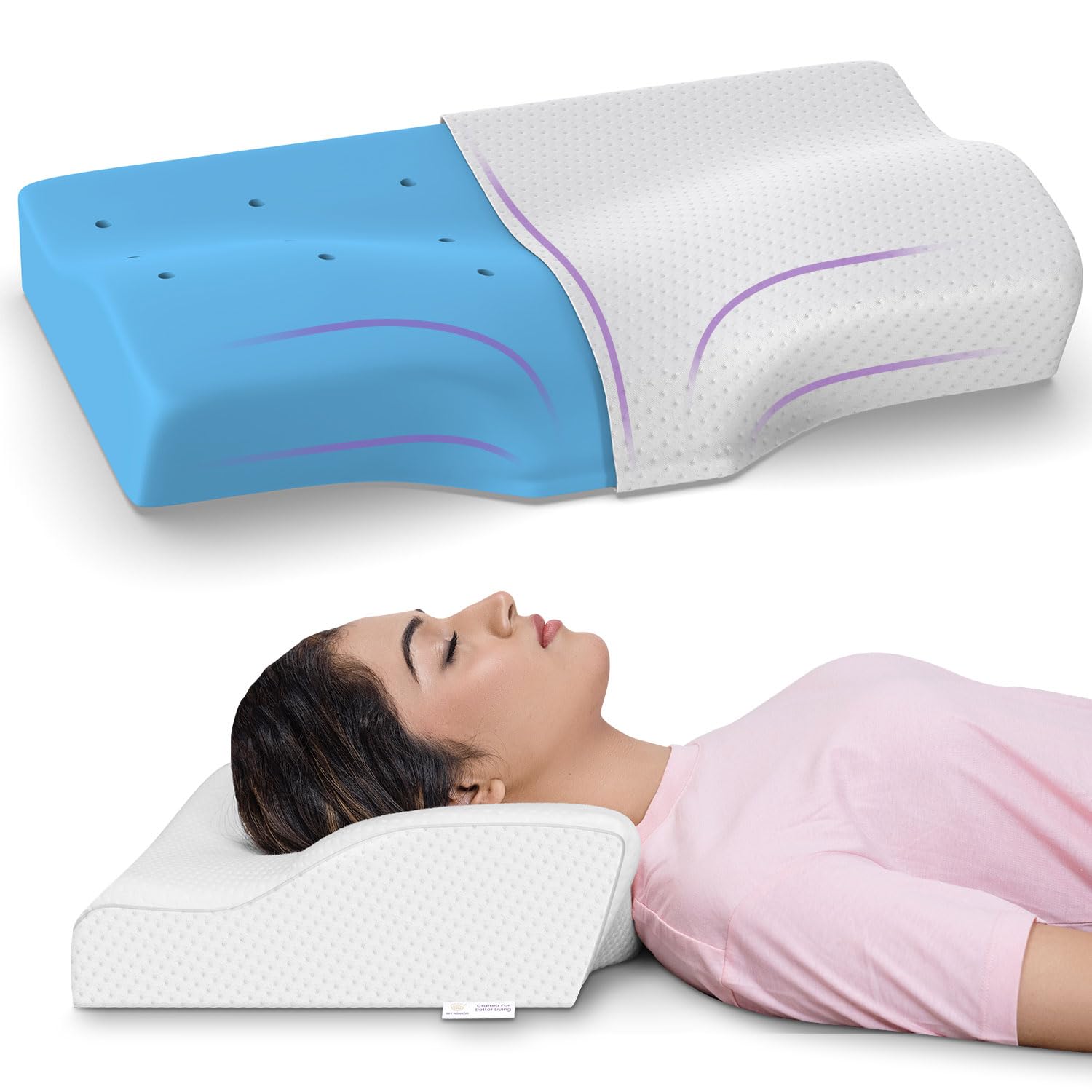 MY ARMOR Cool Gel Cervical Pillow for Neck Pain, Orthopedic Memory Foam Pillow for Sleeping, Contour Pillow for Neck and Shoulder Pain, Regular Size, 18.5 x 11 x