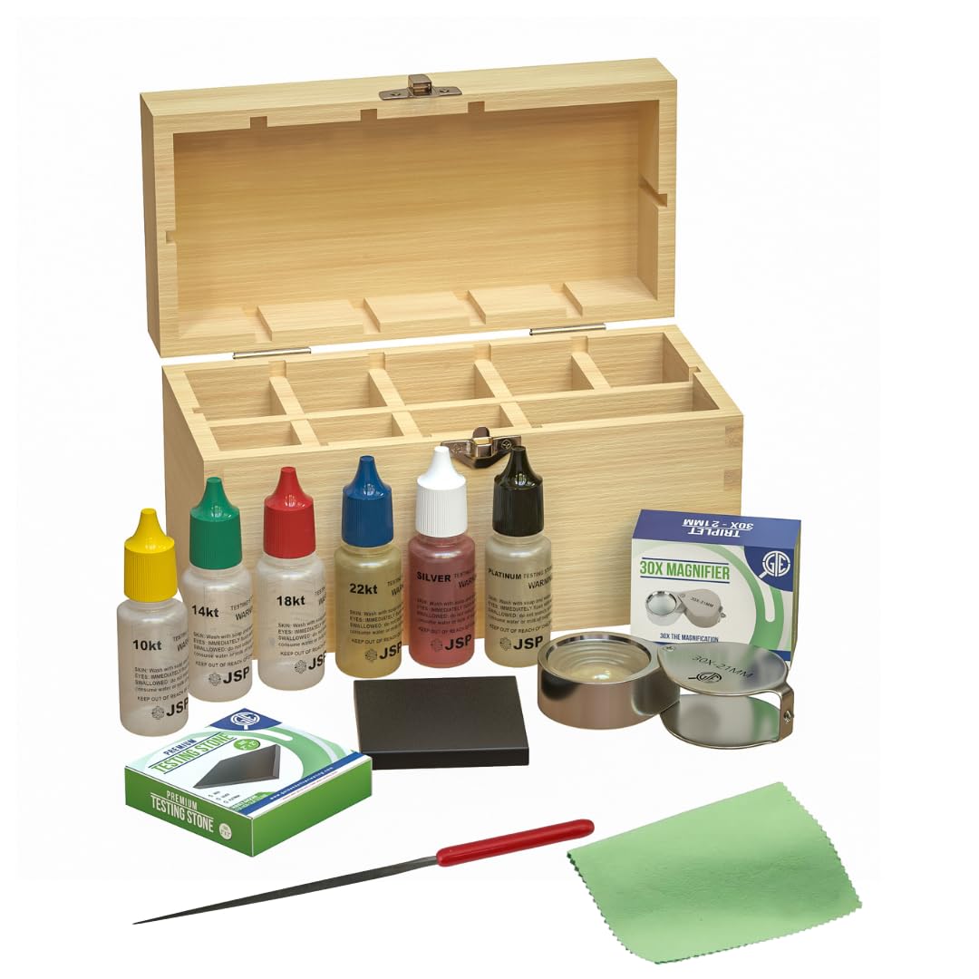 GTE Precious Metal Jewelry Testing Kit Gold Silver Platinum Test Acids Wooden Box 30X Eye Loupe 10K 14K 18K 24K Needle File Cloth Acid