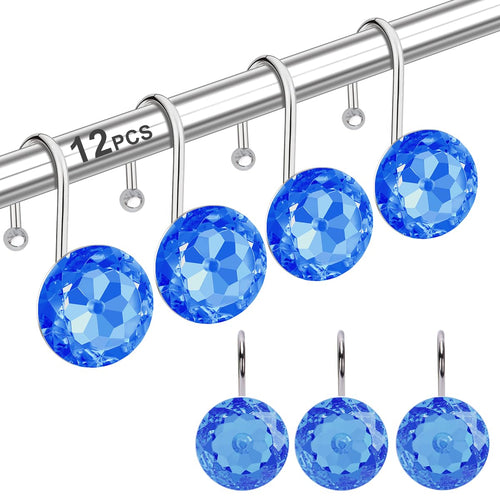 12PCS Shower Curtain Hooks Rings for Bathroom  Stainless Steel Rust Resistant Decorative Rhinestones Shower Curtain Rings Hangers for Shower Curtains  Clothing  Towels  etc. (Blue)