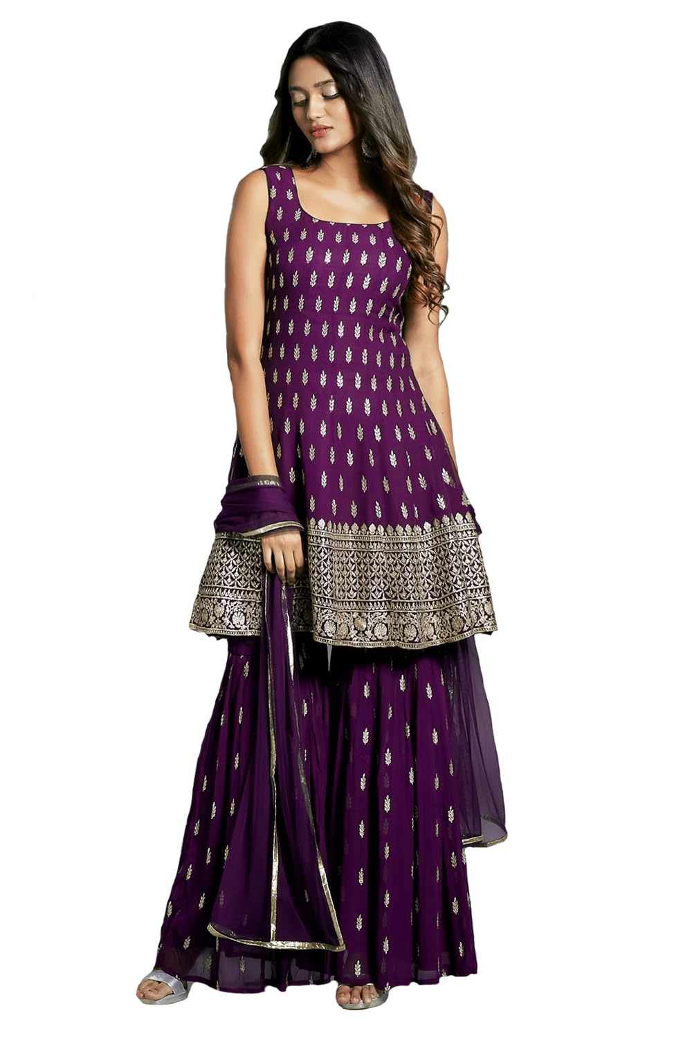 Xomantic Fashion Georgette WomenS Embroiderd Work Floral Navyblue Color Weding Wear Anarkali Kurta Sharara Set (X-Small  Wine)