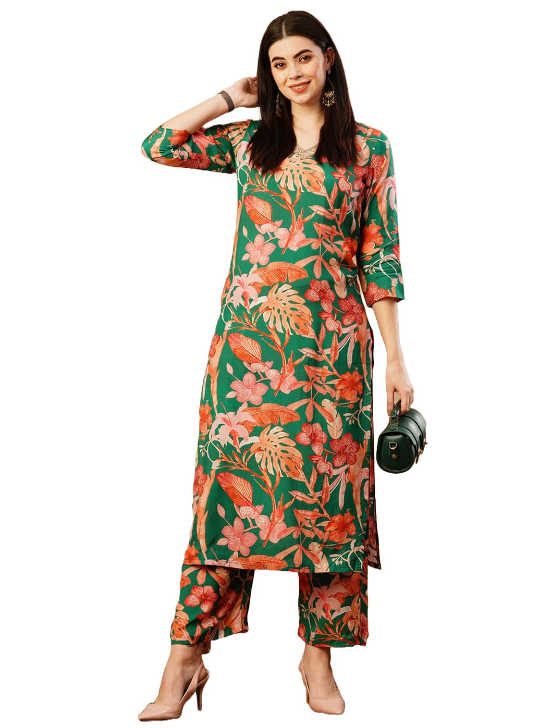 Gosriki WomenS Cotton Blend Straight Printed Kurta With Palazzo (Chinki Green-Nw-Gs_Xxl_Green_Xx-Large)