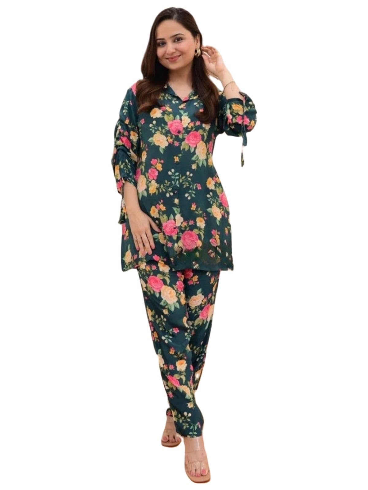 Greciilooks Rayon Floral Regular Fit Stylish Kurta Ethnic For 3/4 Sleeve Women Co-Ord Set (Gl-W1817_Green_L)