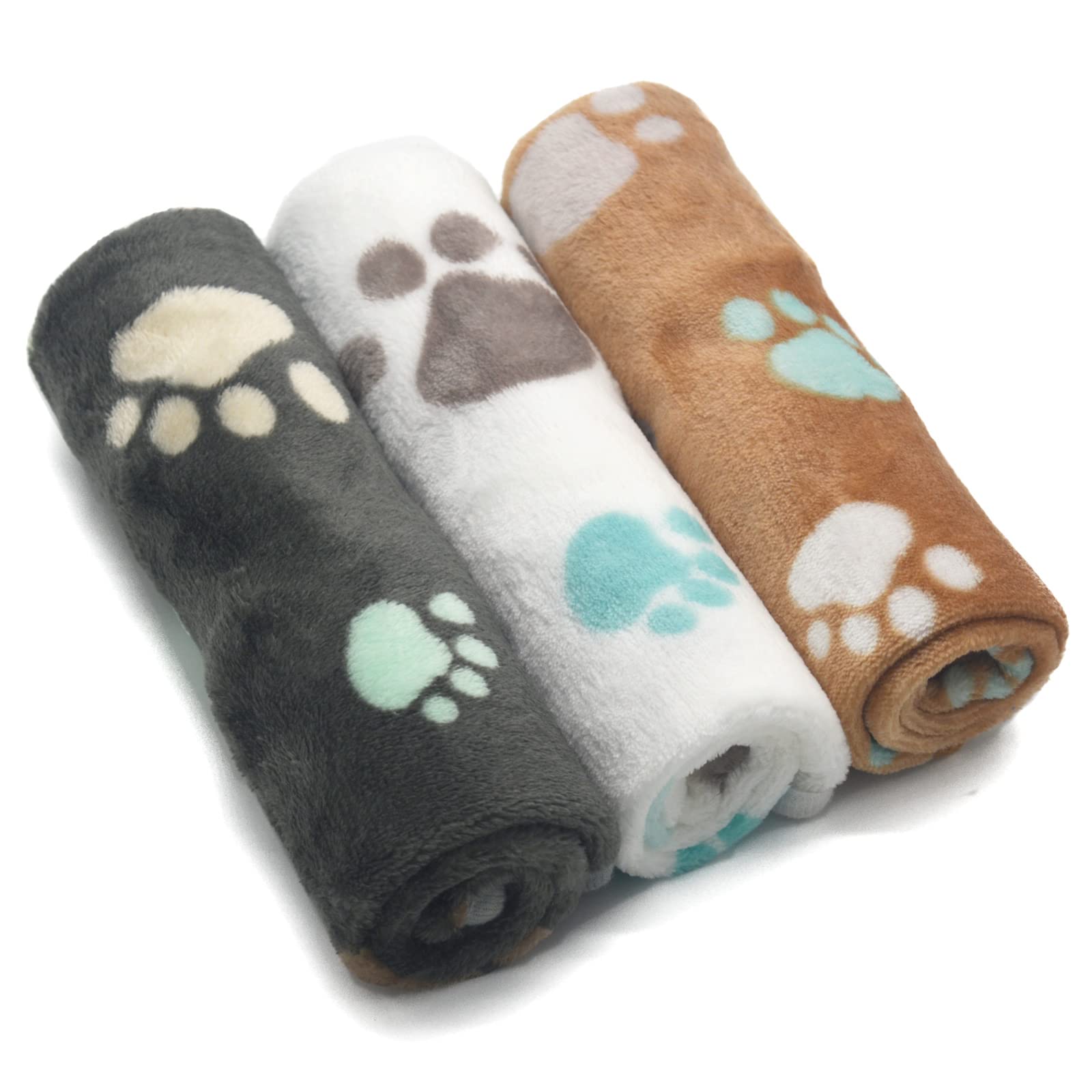 1 Pack 3 Puppy Blankets Super Soft Warm Sleep Mat Cute PAW Print Blanket Fleece Pet Blanket Flannel Throw Dog Blankets for Small Dogs Puppy Cats Gray/White/Brown-Medium(29 x20 )
