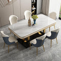 Vandana Interiors Modern 63 White Dining Table with Rectangular Sintered Stone Tabletop, Gold Legs, Dual-Circle Base, for Kitchen and Dining Room