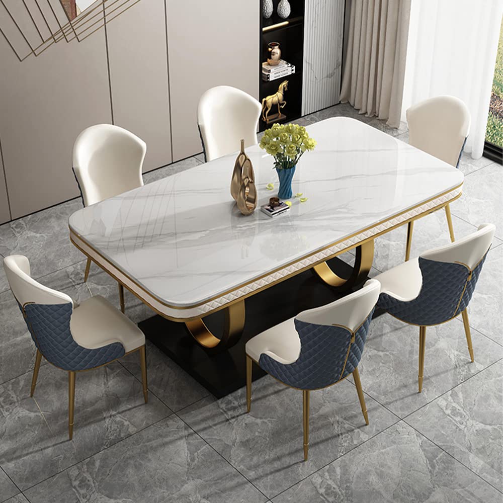 Vandana Interiors Modern 63 White Dining Table with Rectangular Sintered Stone Tabletop, Gold Legs, Dual-Circle Base, for Kitchen and Dining Room