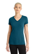 District Womens Perfect Blend CVC V-Neck Tee - Stylish Casual Short Sleeve T-Shirt, Soft Cotton & Polyester, Deep Turquoise Fleck, XL