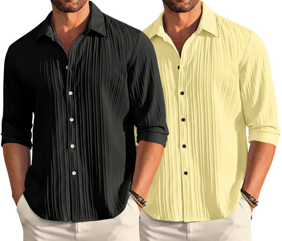 Finivo Fashion Combo Of MenS Casual Cotton Plain Button Down Shirts Full Sleeve Textured Summer Beach Shirt For Men Pack Of 2 Black-Yellow