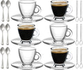 BOHEM S Espresso Cups  3.2 oz Small Demitasse Clear Glass Espresso Drinkware  Set Of Cups  Saucers and Stainless Steel mini Spoons + Free Glass Spoons (Set of 6)