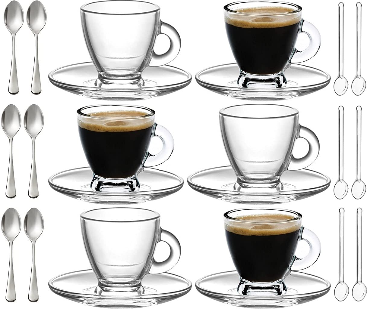 BOHEM S Espresso Cups  3.2 oz Small Demitasse Clear Glass Espresso Drinkware  Set Of Cups  Saucers and Stainless Steel mini Spoons + Free Glass Spoons (Set of 6)