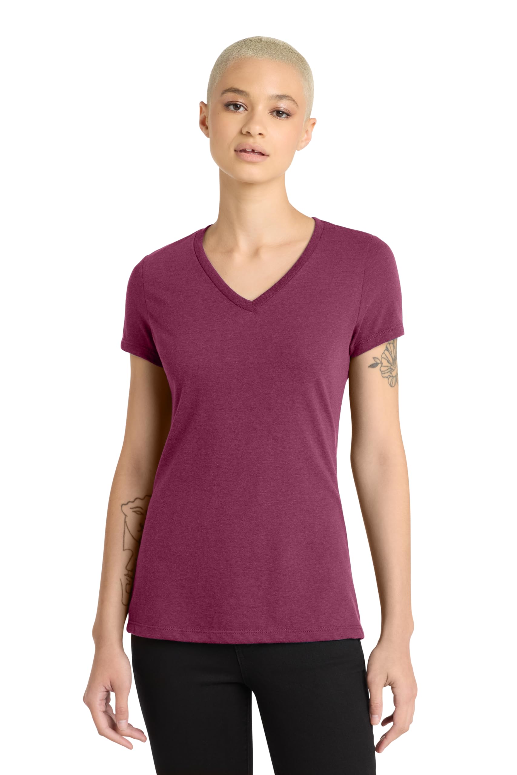 District Womens Perfect Blend CVC V-Neck Tee - Stylish Casual Short Sleeve T-Shirt, Soft Cotton & Polyester, Raspberry Fleck, XL