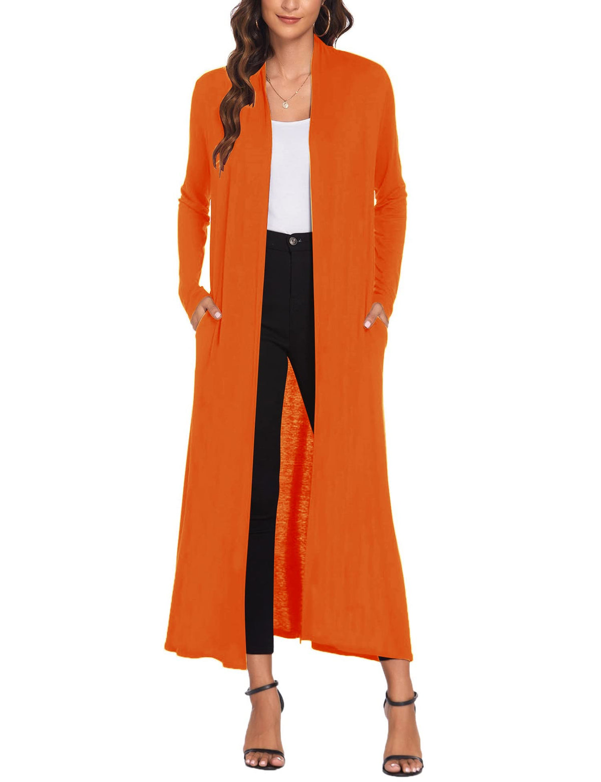 Bluetime Women Floor Length Open Front Cardigan Lightweight Long Sleeve Maxi Duster with Pockets (M  Orange)