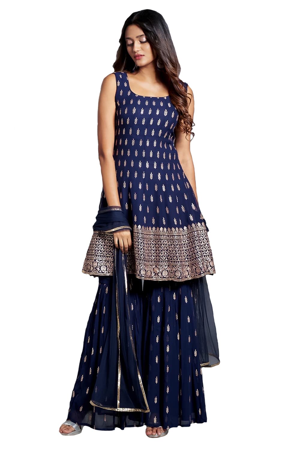 Xomantic Fashion WomenS Embroiderd Work Navyblue Color Weding Wear Anarkali Kurta Sharara Set (Large  Navyblue)