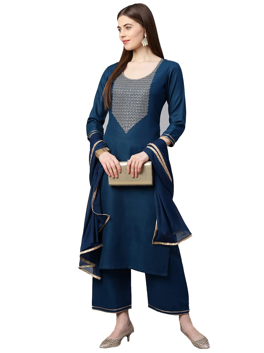 GoSriKi Women's Cotton Kurta, Palazzo and Dupatta, Blue, Medium Condition-New