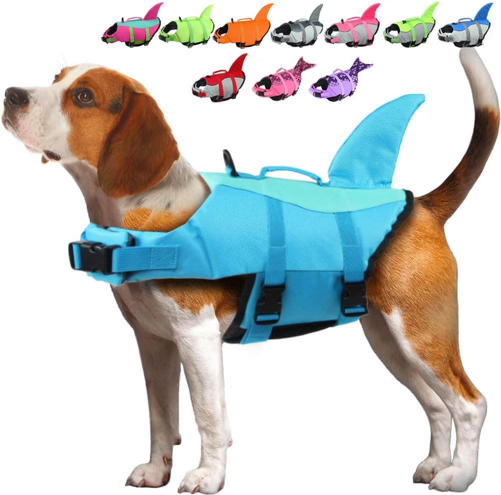 EMUST Shark Dog Life Jackets for Water Safety - Adjustable Ripstop Pet Life Vest with Rescue Handle for Swimming Pool  Beach  Boating (L  Pool Blue)