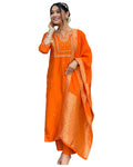 GoSriKi Womens Straight Embroidered Rayon Blend Kurta with Pants and Dupatta, Orange, 44-Like New Condition-Like New
