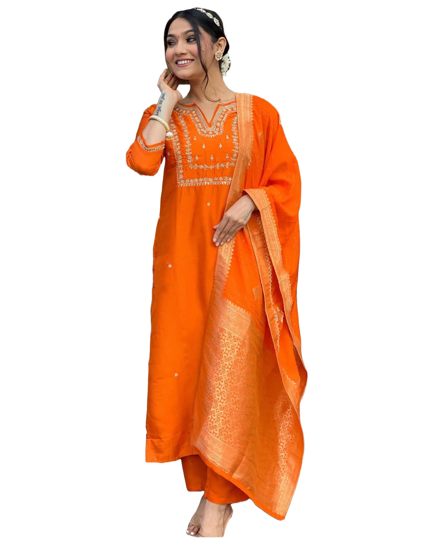 GoSriKi Womens Straight Embroidered Rayon Blend Kurta with Pants and Dupatta, Orange, 44-Like New Condition-Like New