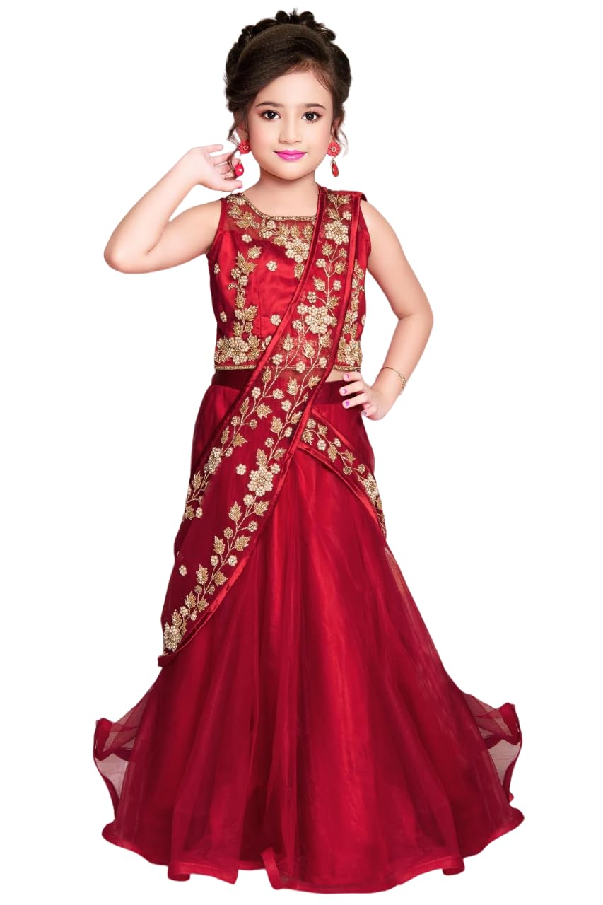 White Button New Stone And Embroidery Work Half Saree Styled Kids Lehenga Choli For Girls (6-7 Years  Red)