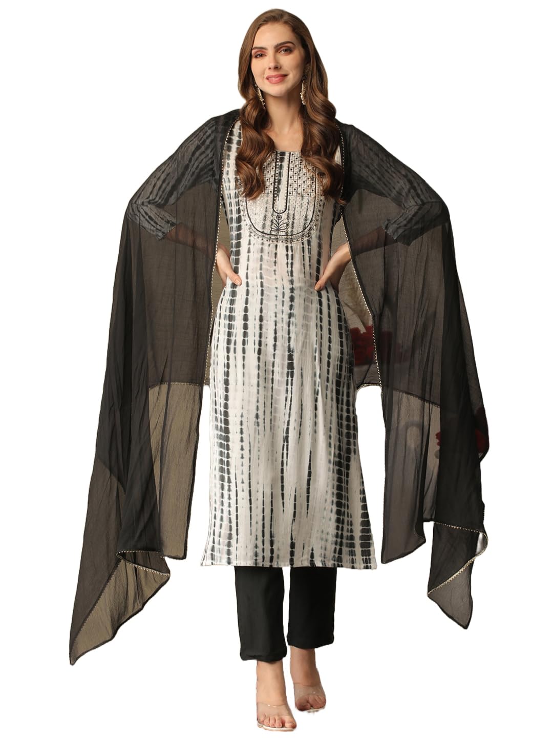 Gosriki WomenS Rayon Blend Straight Printed Kurta With Pant & Dupatta (Tiedye Black-Gs_Xxl_Black_Xx-Large)