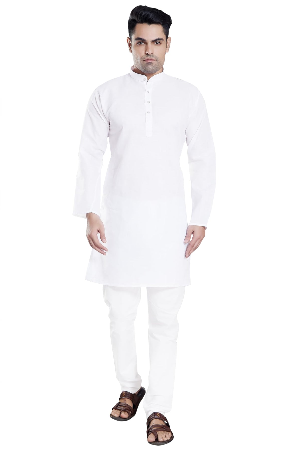 Divisive MenS Plain Cotton Blend Linen Slim Fit Kurta Pyjama Set (Dkrt70_M_White)