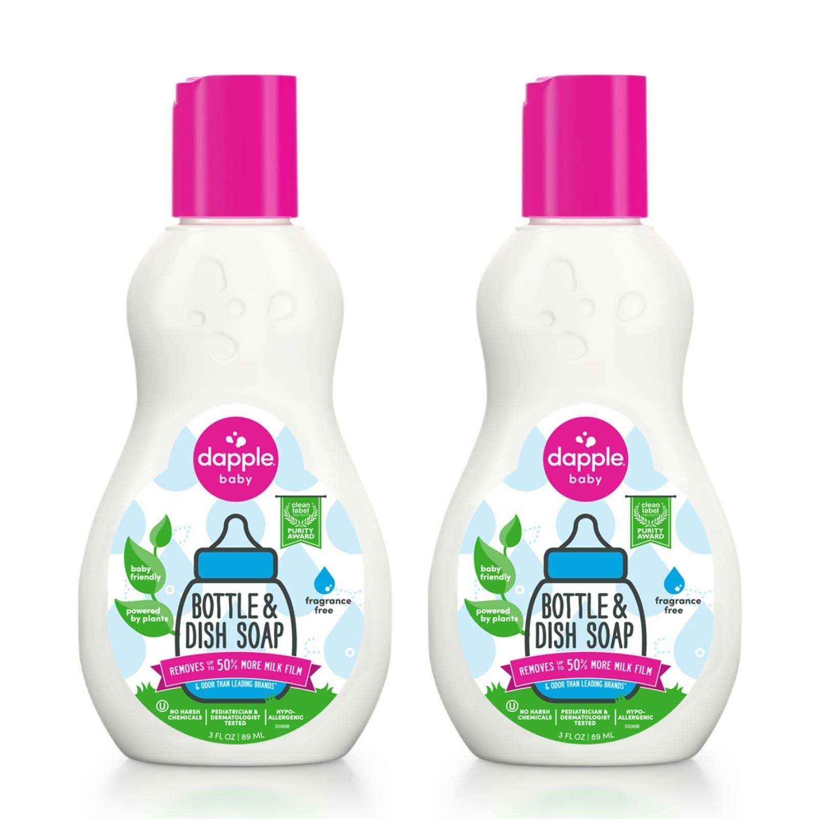 Dapple Baby Bottle Soap  Hypoallergenic Dish Soap for Baby Bottles  Powered by Plants  Travel Size  Fragrance Free  3 Fl Oz (Pack of 2)