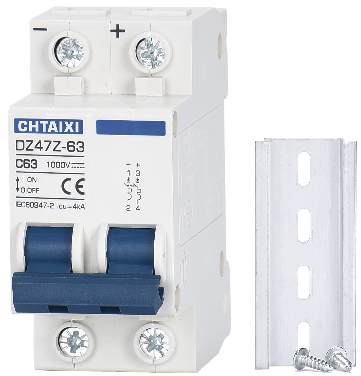 DC Miniature Circuit Breaker  2 Pole 1000V 63 Amp Isolator for Solar PV System  Thermal Magnetic Trip  DIN Rail Mount  Chtaixi DC Disconnect Switch C63