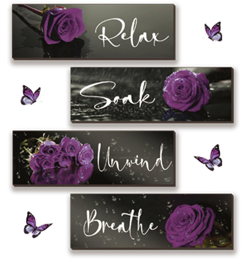 4 Pieces Purple Bathroom Wall Decor Purple Rose Wall Decor Wooden Bathroom Accessories with Relax Soak Unwind Breathe Wall Art For Girl Women Bedroom Living Room Home Decoration (Purple 12 X 4 Inch)