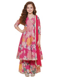 Naixa Girls Rayon Fabric Floral Printed 3/4 Sleeve Pink Sharara Dress Set  9-10 Years