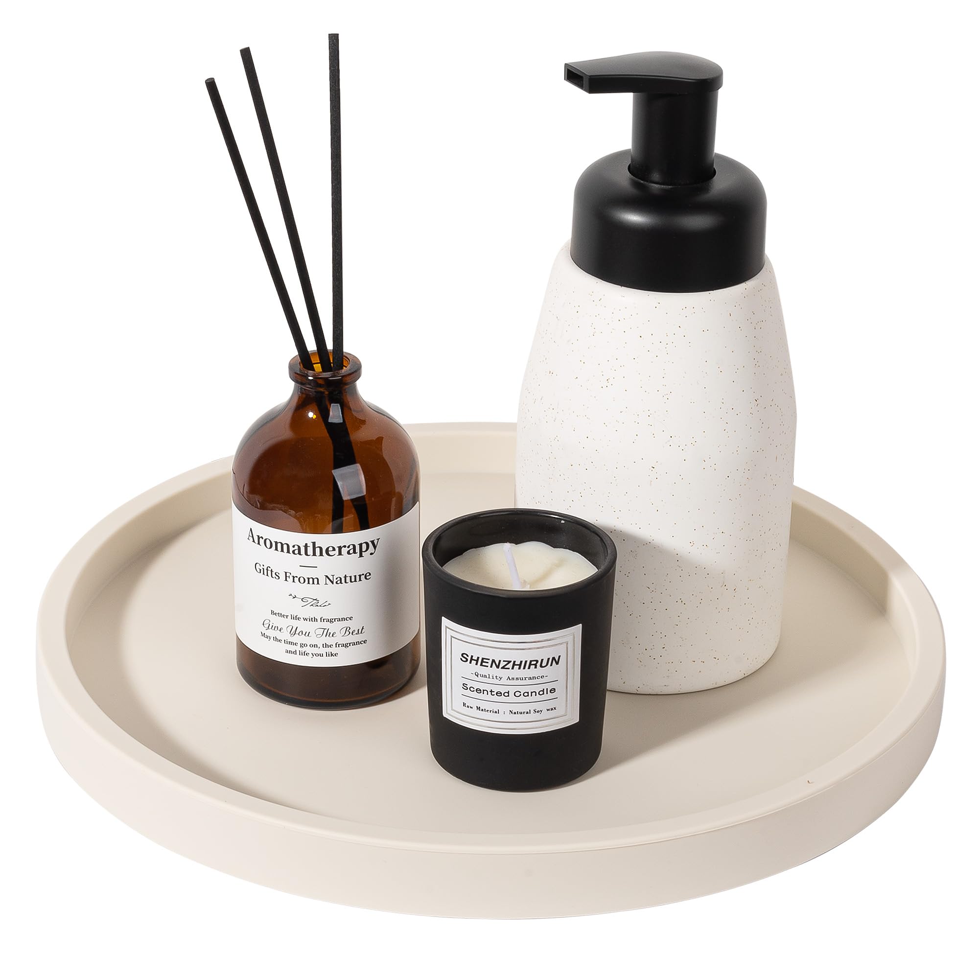 Silicone Bathroom Tray Round Vanity Tray Decorative Soap Holder Kitchen Countertop Organizer Coffee Table Decor for Candle  Perfume  Plant  10 Inch  Beige