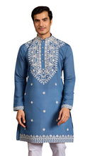 Kalaanj Mens Embroidered Silk Kurta || Only Kurta (KALSS2504MK-Blue-3XL)