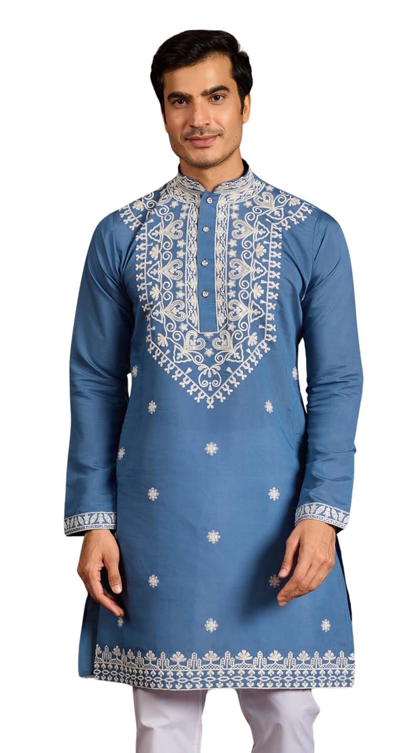 Kalaanj Mens Embroidered Silk Kurta || Only Kurta (KALSS2504MK-Blue-3XL)