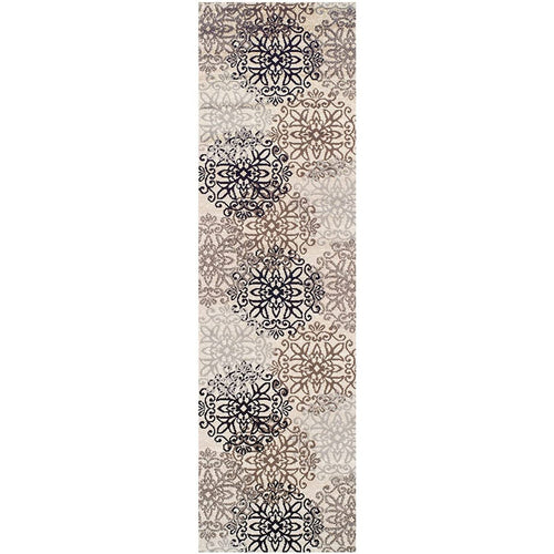8' Tan Gray and Black Floral Medallion Stain Resistant Runner Rug | Floor Mat for Home Décor | Bedroom & Living Room Area Rug-Like New Condition-Like New