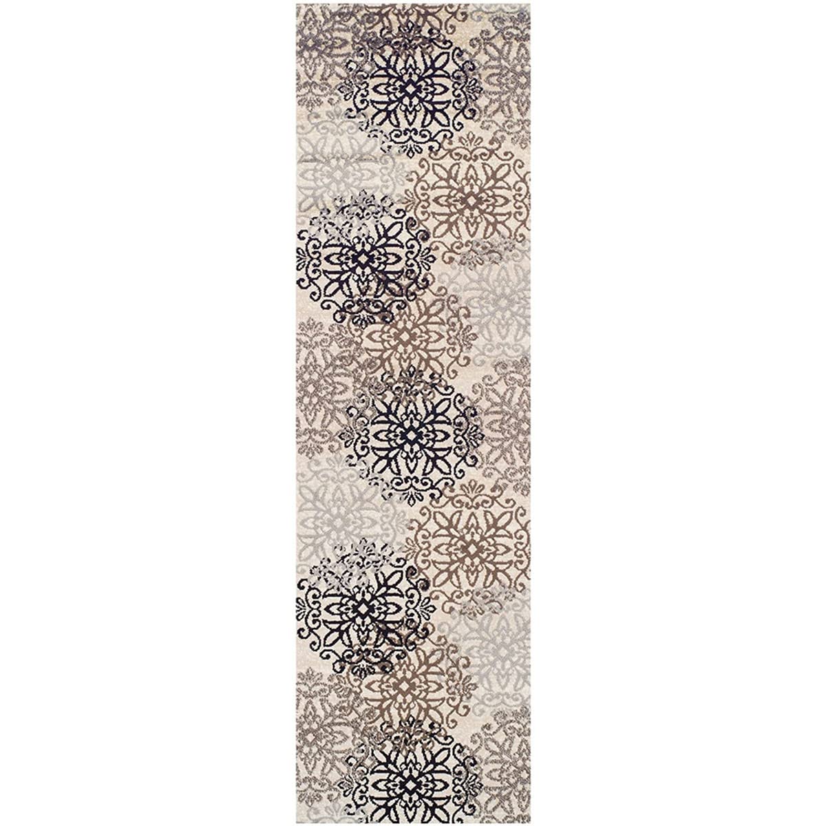 8 Tan Gray and Black Floral Medallion Stain Resistant Runner Rug | Floor Mat for Home D?or | Bedroom & Living Room Area Rug-Like New Condition-Like New