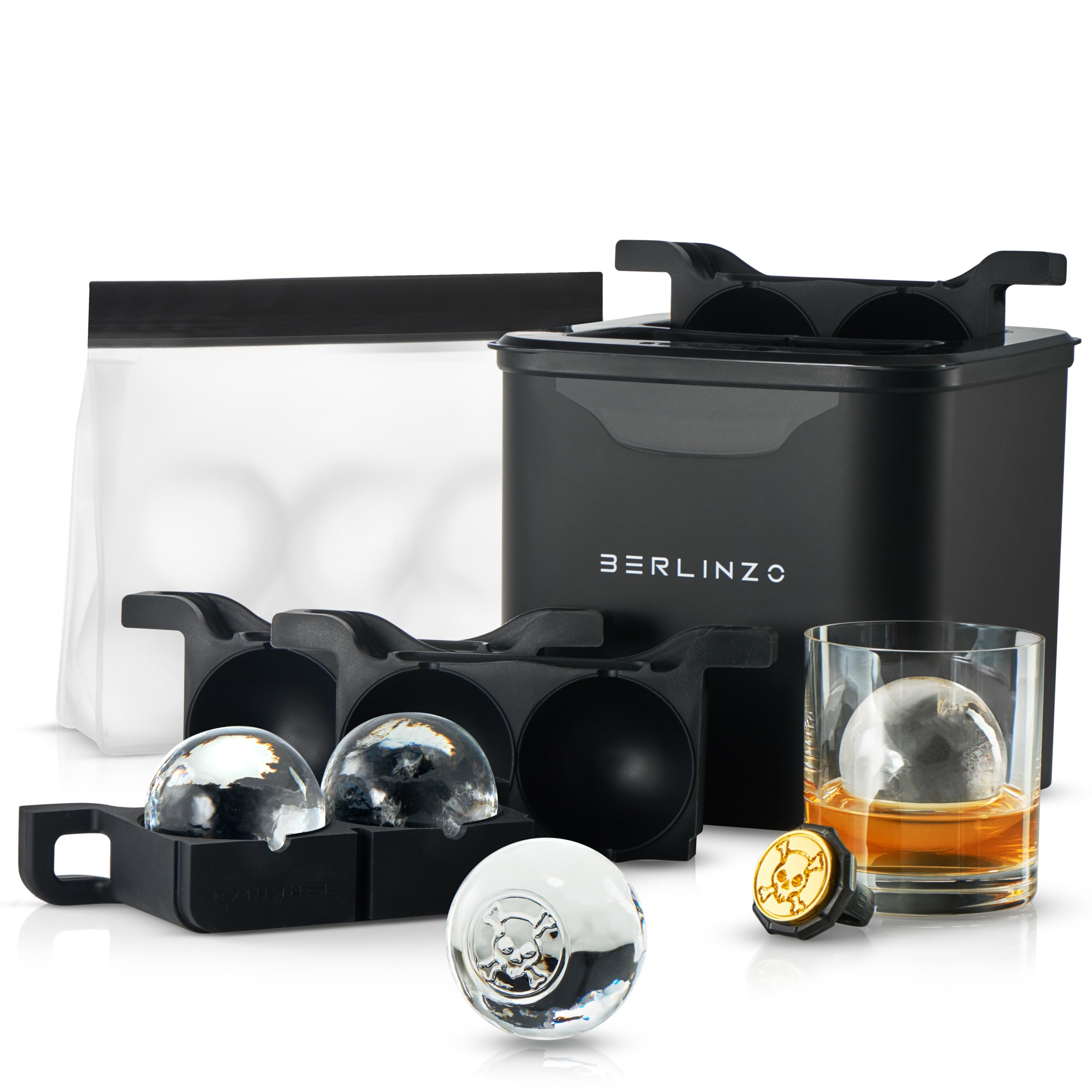 Berlinzo Premium Clear Ice Ball Maker - 4 Large 2.4-Inch Crystal Clear Ice Balls for Whiskey  Cocktails & Bourbon - Easy-to-Remove Ice Sphere Mold - Includes Storage Bag & Ice Press Stamp Ring - Black