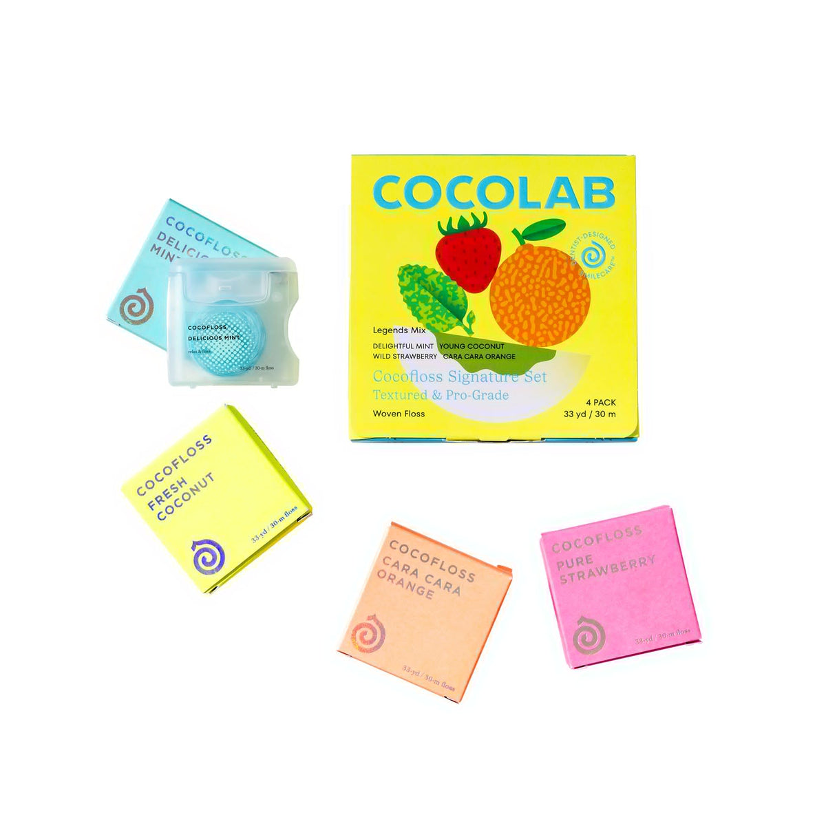 Cocofloss Woven Dental Floss  Dentist-Designed Oral Care  Waxed  Vegan  Kid-Friendly  with Coconut Oil  4-Pack of Mint  Coconut  Orange  Strawberry (33 yard Each)