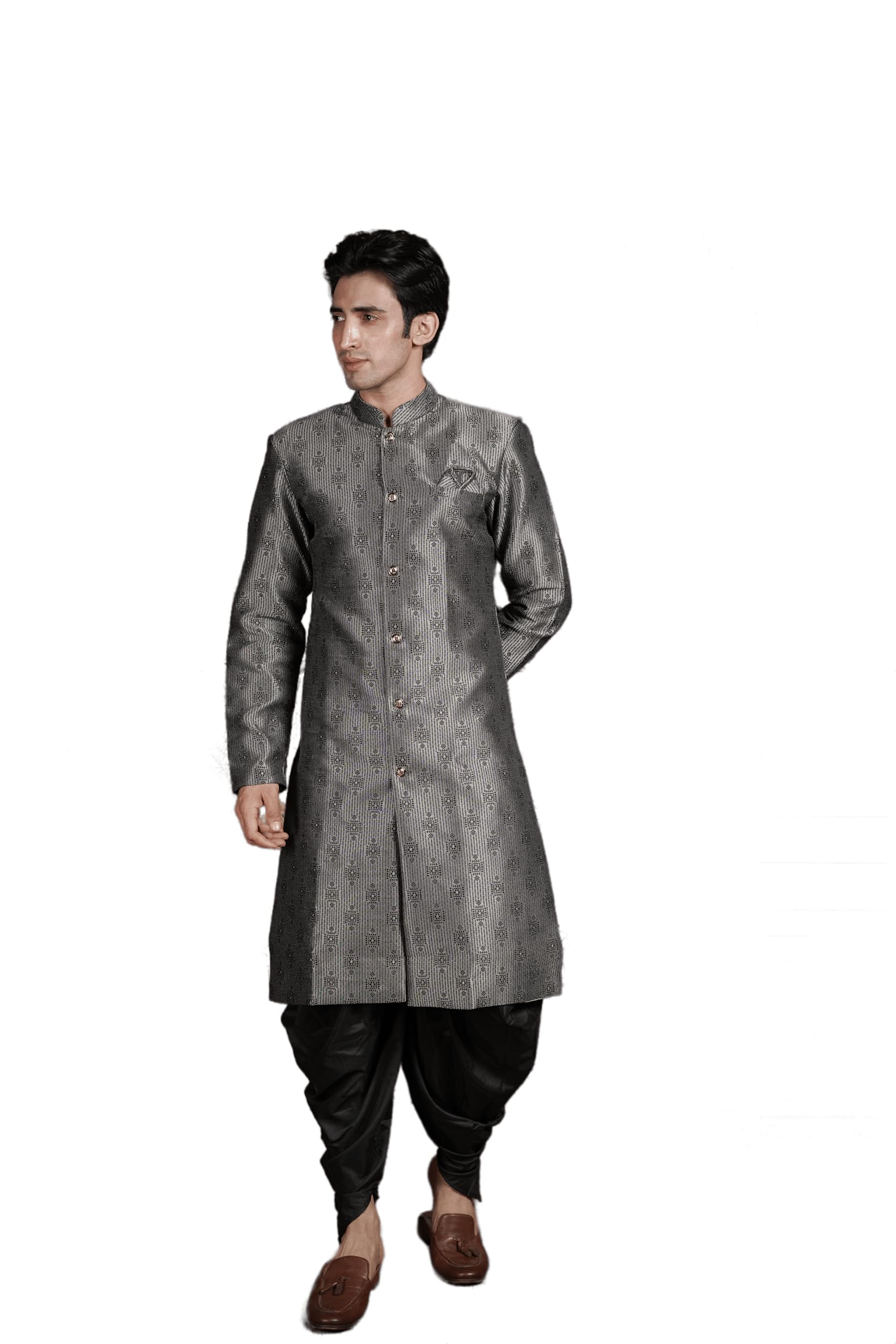 Amzira MenS Heavy Jecquard Sherwani Set With Mandarin Collar Long Sleeves Button Closure Kurta And Chudari Dhoti | Mens Black Indo - L