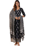 Tee Projekt WomenS Cotton Blend V-Neck Anarkali Kurta Pant With Dupatta Set Black