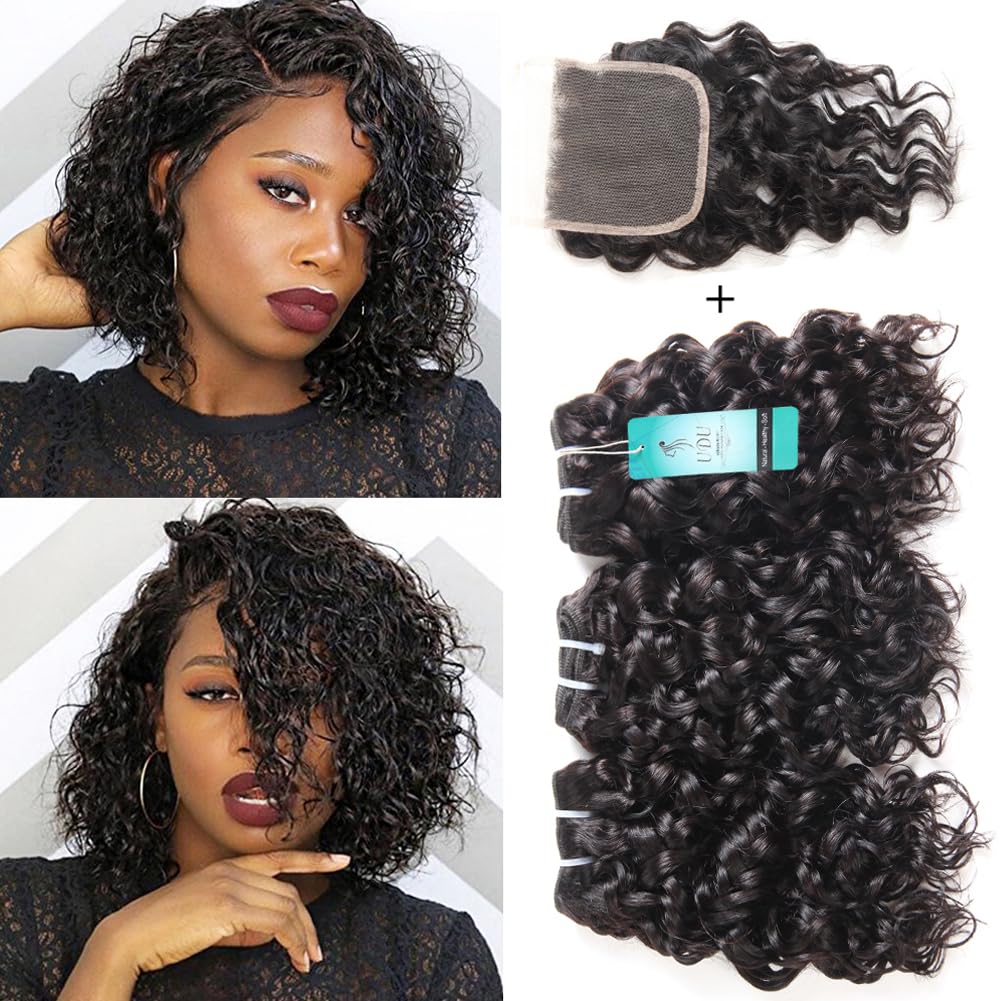 Malaysian Water Wave Bundles with Closure 12A Bundles Human Hair Ocean Wave Wet & Wavy Human Hair Bundles with Lace Closure 100% Human Hair Extensions Remy Hair Bundles (8 8 8+8inch) Condition-New