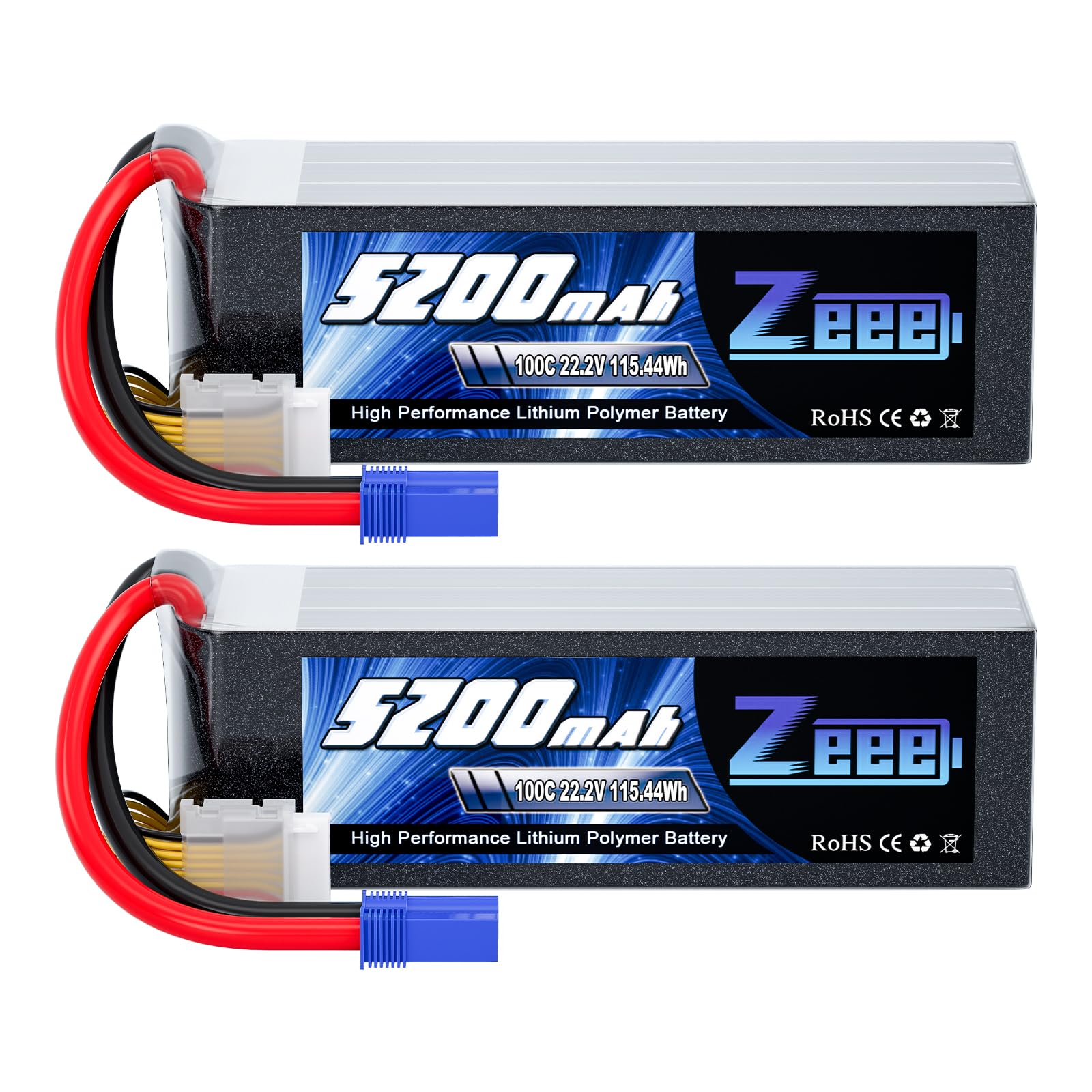 Zeee 6S 5200mAh Lipo Battery 22.2V 100C with EC5 Connector (2 Pack)