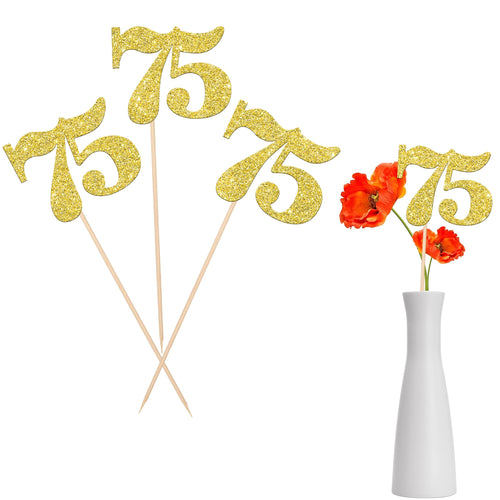 12 PCS Glitter Number 75 Centerpiece Sticks 75th Birthday Cake Toppers Seventy Five Table Flower Topper Decorations for 75th Birthday Anniversary Party Centerpiece Supplies Gold