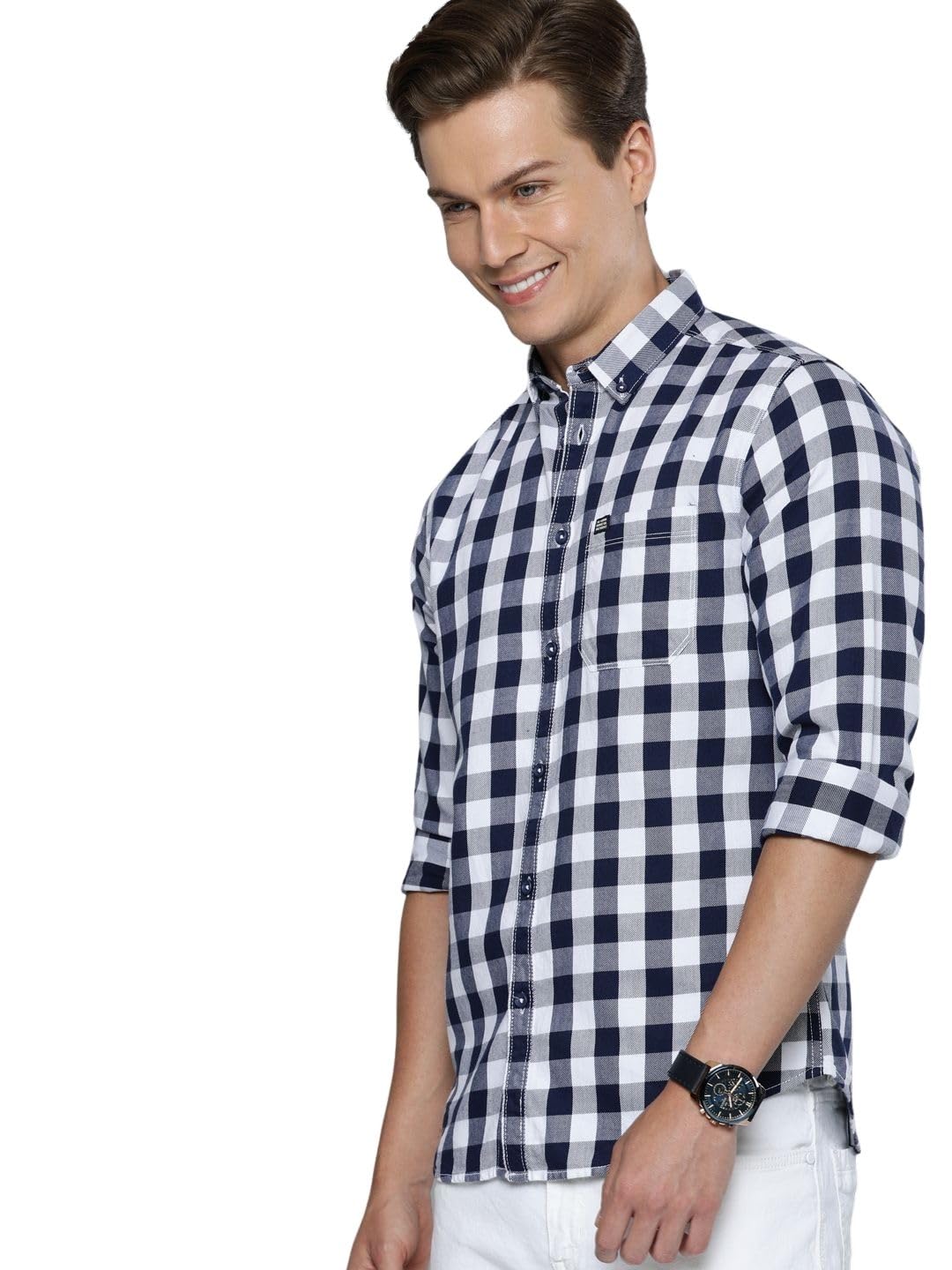 The Indian Garage Co Mens Checkered Slim Shirt (0121-SH72-02_Navy Blue Small)