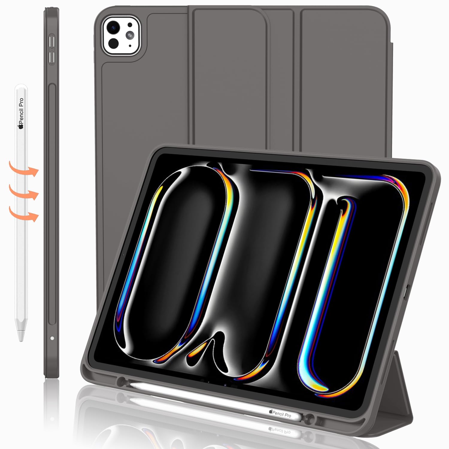 iMieet iPad Pro 11 Inch Case M4 (2024 5th Generation) with Pencil Holder  [Support Pencil Pro and Pencil (USB-C)] Trifold Stand Smart Case with Soft TPU Back  Auto Wake/Sleep (Space Gray)