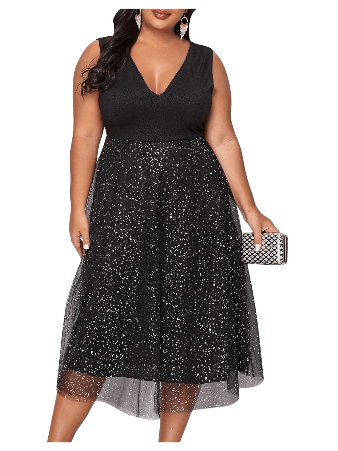 Floerns Women's Plus Size V Neck Sleeveless Sequin Cocktail Party Midi Dress Black 1XL Condition-New