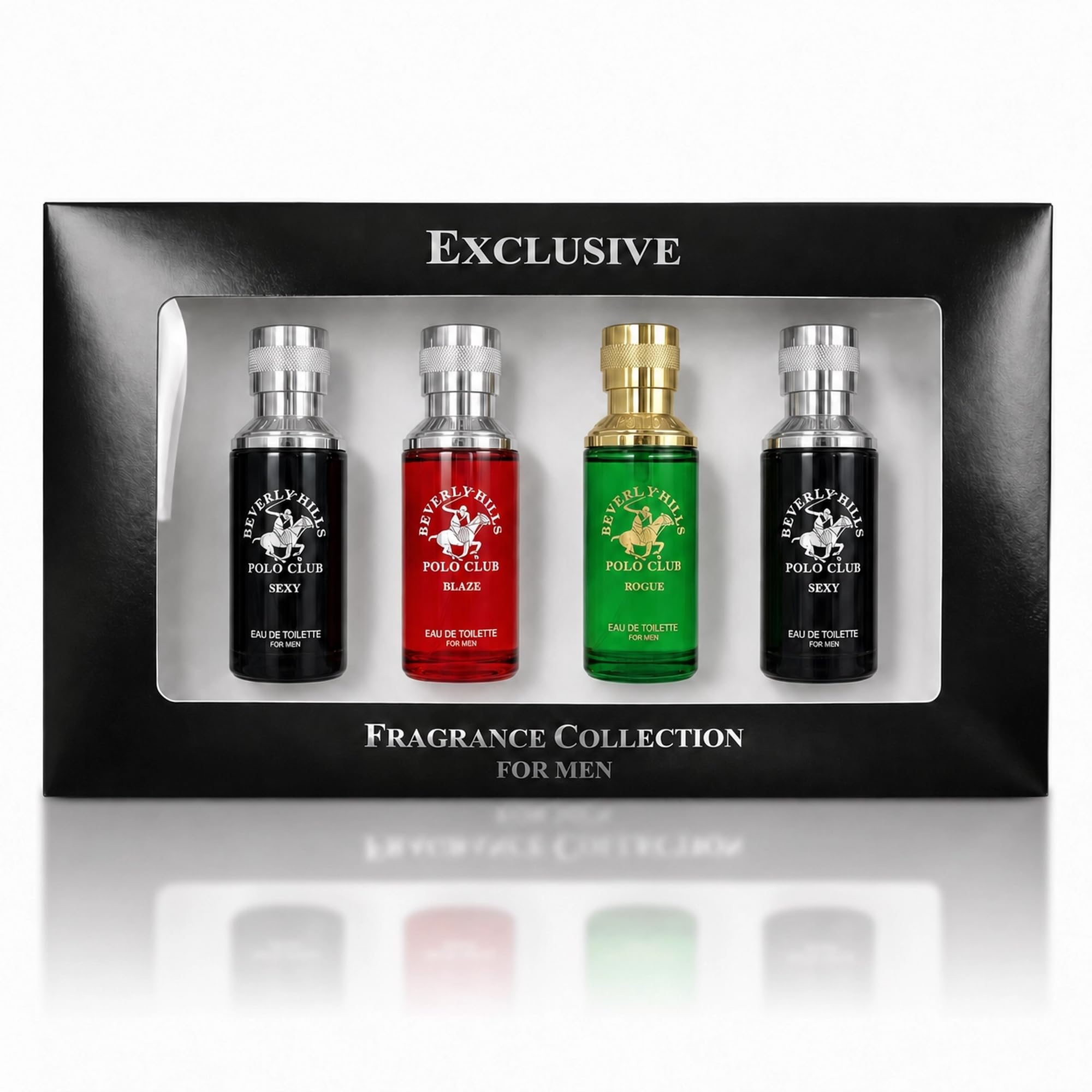 Beverly Hills Polo Club Mens Fragrance Collection - 4 Premium Eau de Toilette Colognes (1oz Each) - Diverse, Long-Lasting Scents: Blaze, Sexy, Rogue & Sexy - Ideal Gift Set for Him