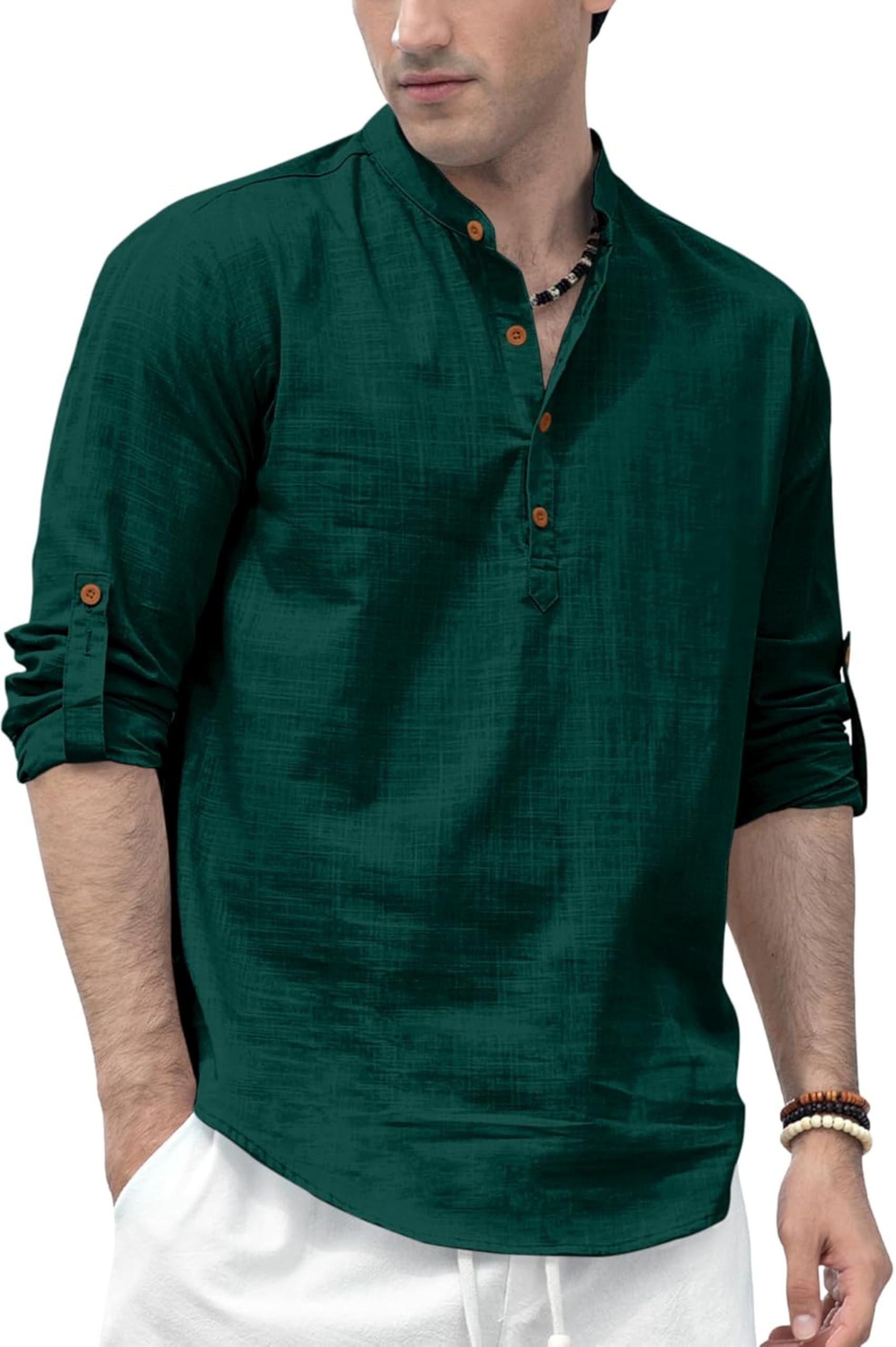 Zombom Mens Solid Cotton Polyester Blend Straight Kurta Shirt  Regular Fit Full Sleeve Short Kurta Shirt Green